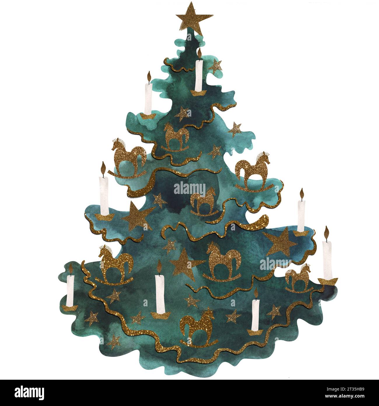 Arbre de noël décoré à l'aquarelle. Illustration isolée. Clipart. Illustration raster pour emballage, cartes de vœux et papier d'emballage, cadeaux, poste Banque D'Images