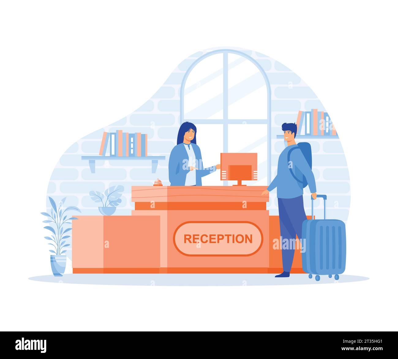 Concept de réceptionniste d'hôtel, client masculin debout à la réception et parlant à la réceptionniste féminine. Scène de visite au centre de service, vecteur plat Illustration de Vecteur