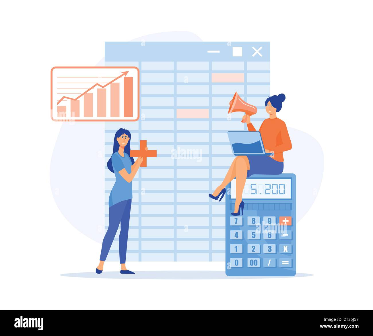 Rapport comptable de l'entreprise par des comptables, logiciel pour la comptabilité avec feuille, formule, calculatrices. facilitez le bilan avec le logiciel. vec plat Illustration de Vecteur