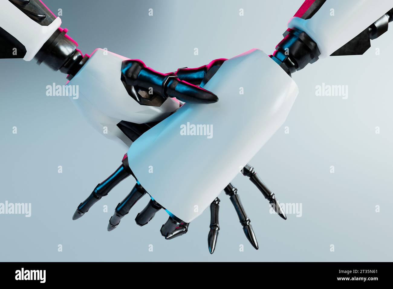 Rendu 3D de deux bras robotisés serrant la main Banque D'Images