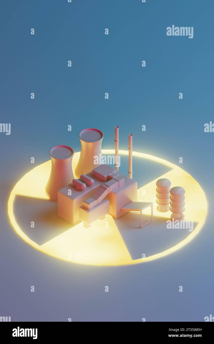 Rendu 3D du modèle de centrale nucléaire debout sur le symbole d'avertissement radioactif Banque D'Images Rendu 3D du modèle de centrale nucléaire debout sur le symbole d'avertissement radioactif Banque D'Images
