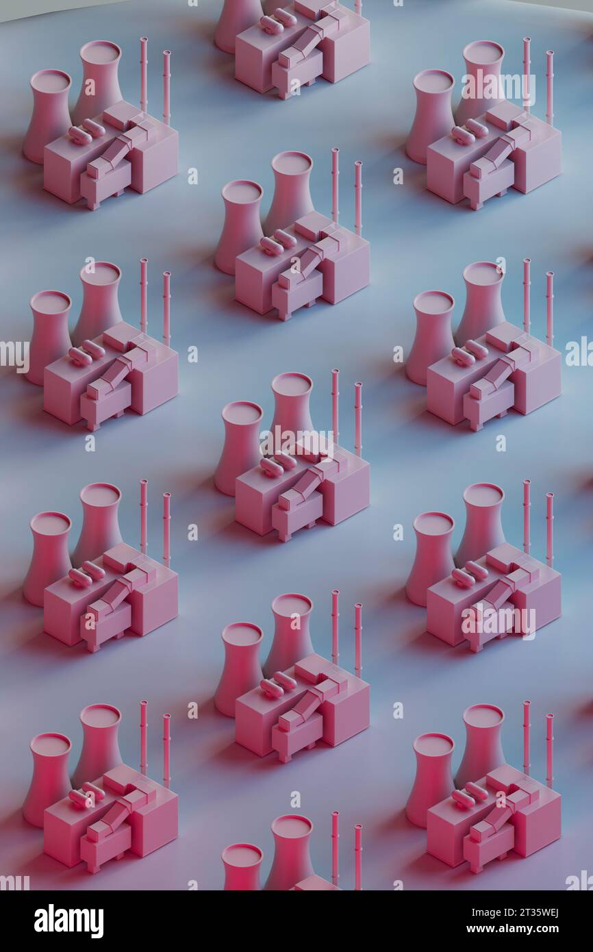 Rendu 3D de rangées de modèles de centrales nucléaires debout sur fond gris Banque D'Images Rendu 3D de rangées de modèles de centrales nucléaires debout sur fond gris Banque D'Images