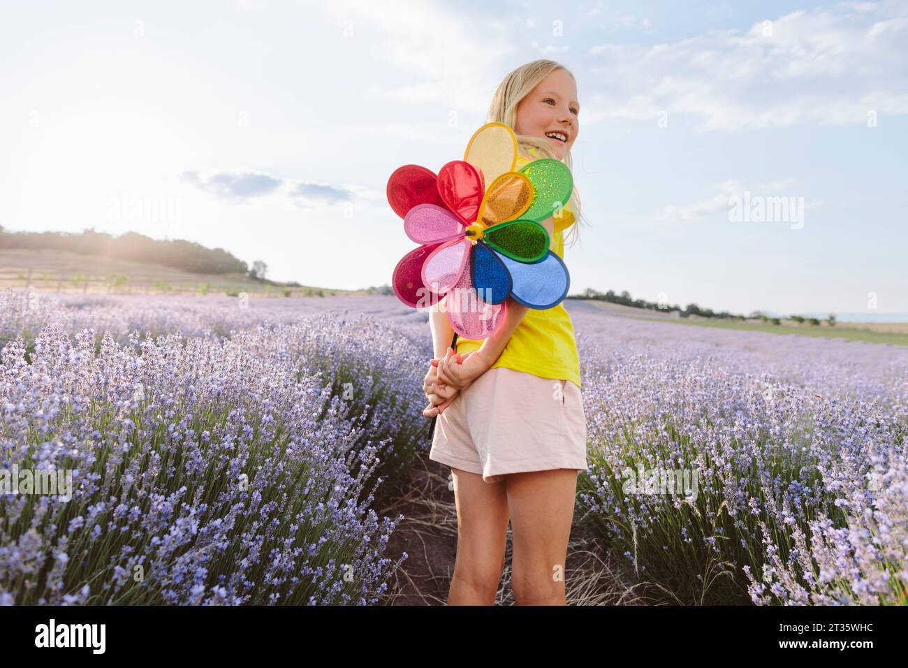 Fille blonde tenant jouet vibrant de roue d'épingle dans le champ de lavande Banque D'Images