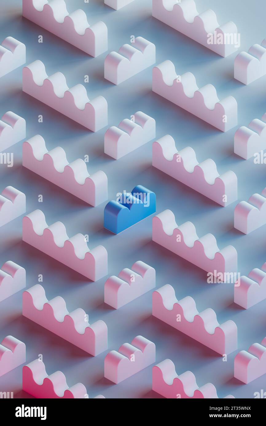 Modèle 3D de blocs de jouets ondulés roses avec un bleu unique au centre Banque D'Images
