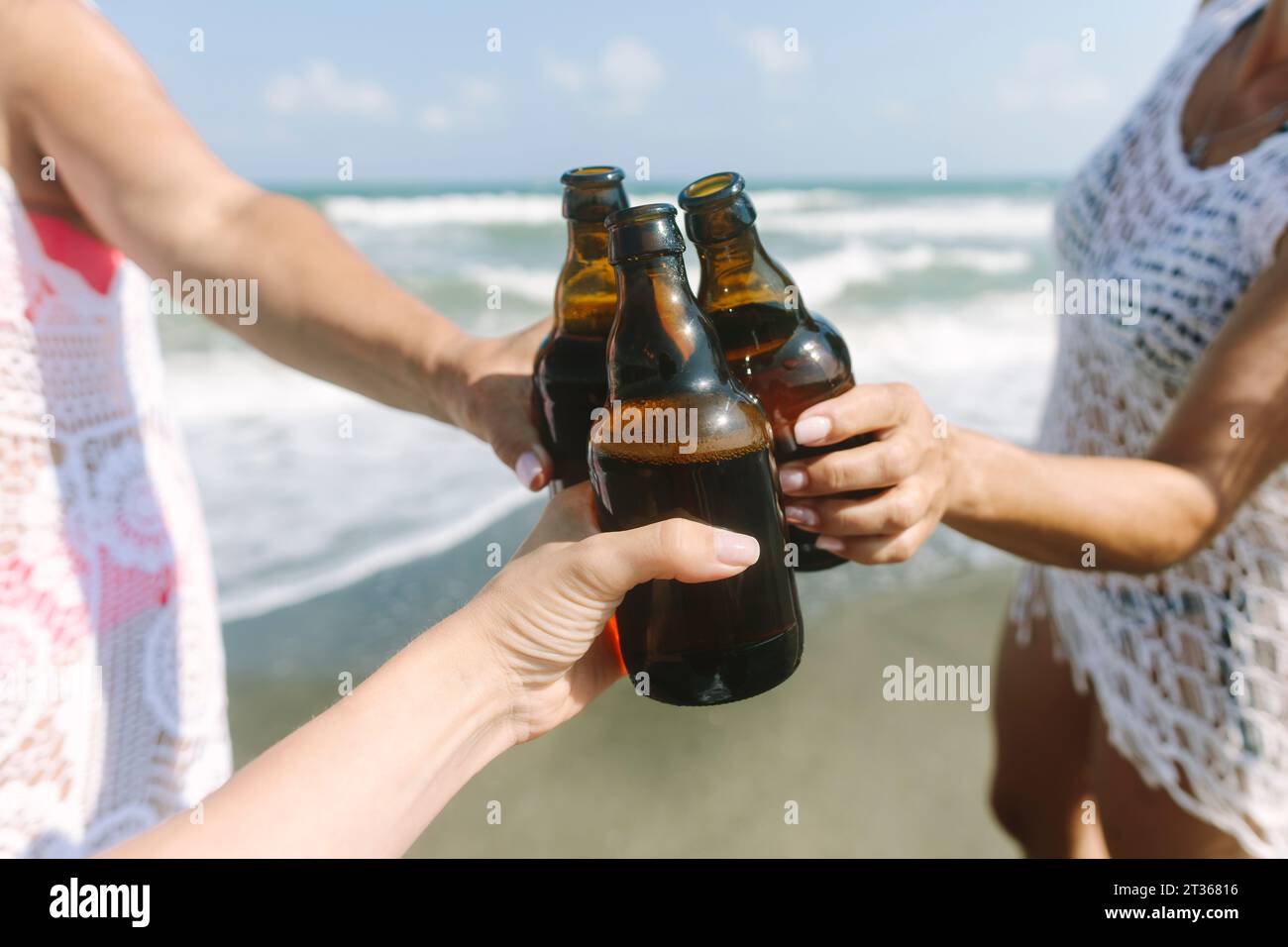 Amis grillant des bouteilles de bière à la plage Banque D'Images