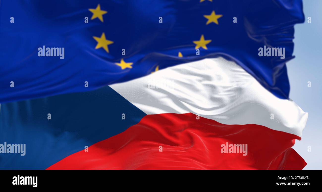 Drapeau national de la République tchèque agitant dans le vent avec le drapeau de l'Union européenne par temps clair. rendu d'illustration 3d. Tissu ondulé Banque D'Images