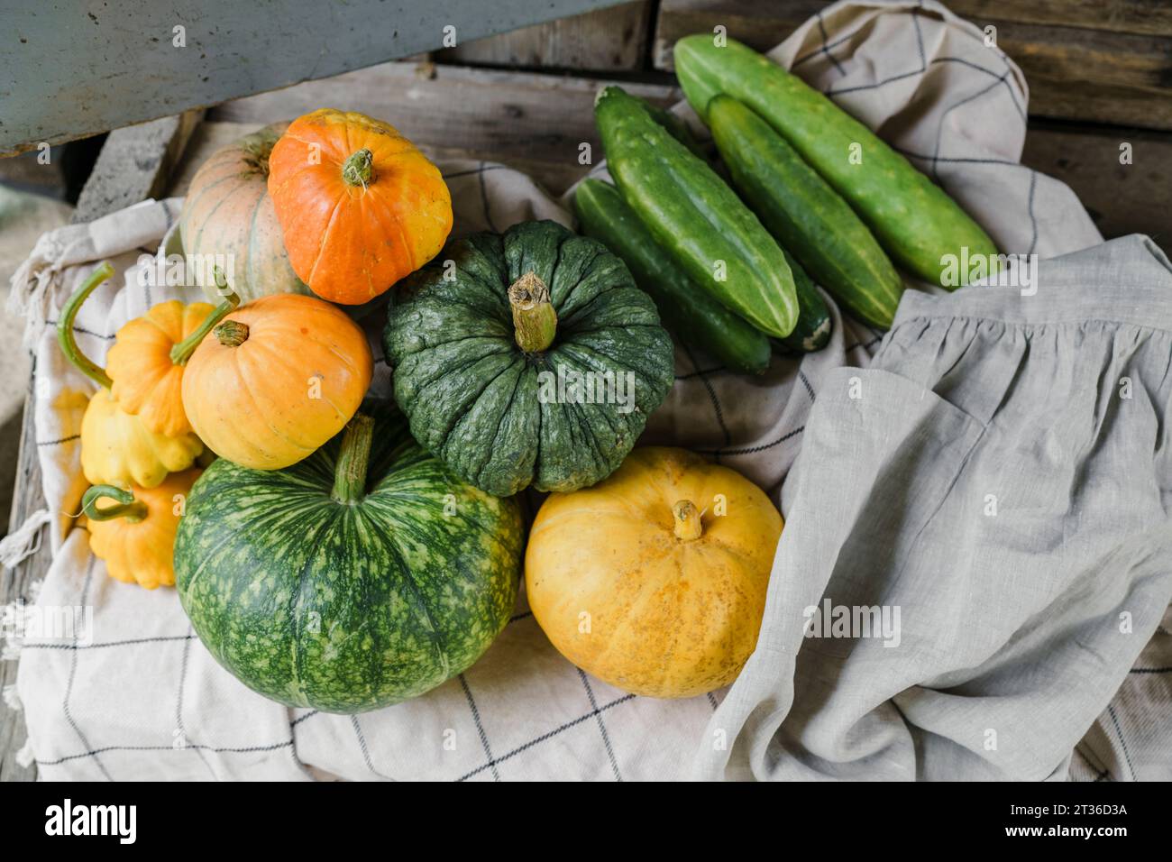 Citrouilles fraîches et concombres au porche Banque D'Images