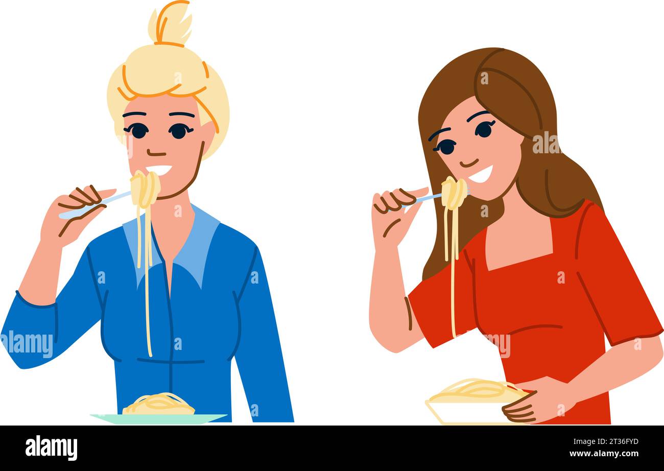 vecteur de femme mangeant des nouilles adultes Illustration de Vecteur