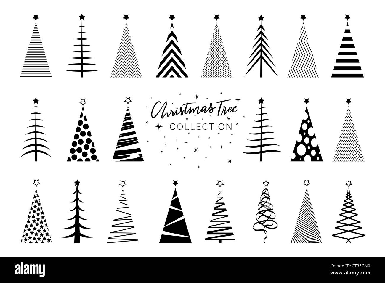 Définir l'arbre de Noël clipart dans les icônes de silhouette noire, vecteur stylisé Joyeux Noël, invitations festives de vacances d'hiver à thème avec symbole géométrique Illustration de Vecteur