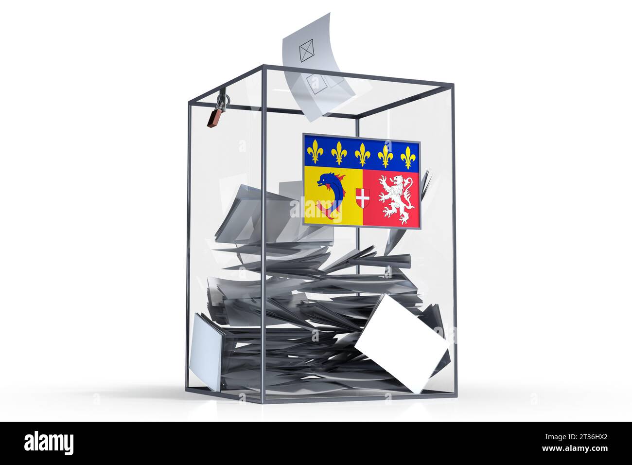 Rhone-Alpes - drapeau sur urnes et voix - concept électoral Banque D'Images