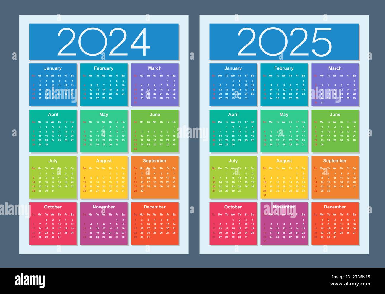 Calendrier coloré pour 2024, 2025 ans. La semaine commence le dimanche ...