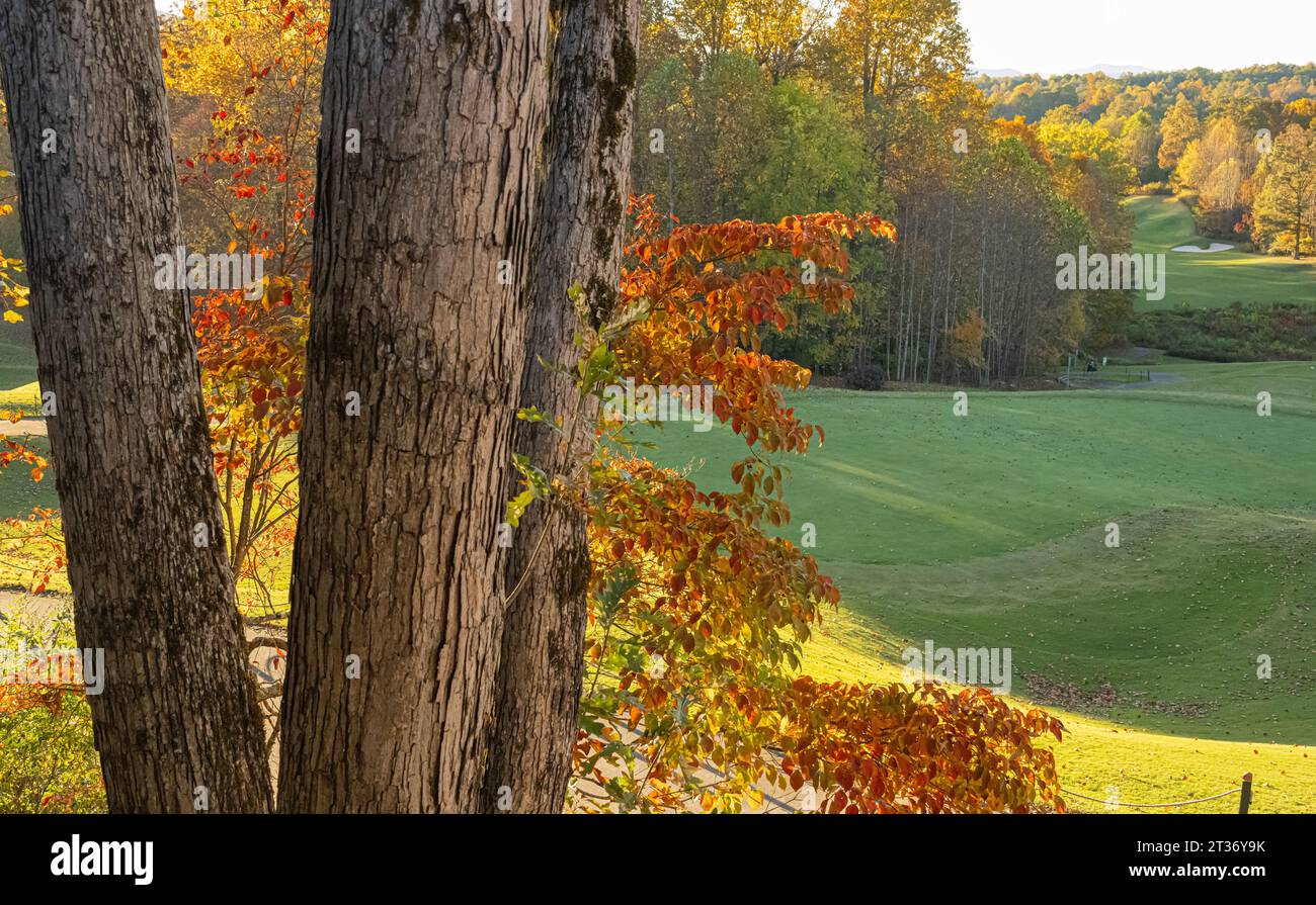 Vue panoramique sur le coucher du soleil d'automne du parcours de golf au-delà de la terrasse arrière du Brasstown Valley Resort & Spa dans la belle Young Harris, Géorgie. (ÉTATS-UNIS) Banque D'Images