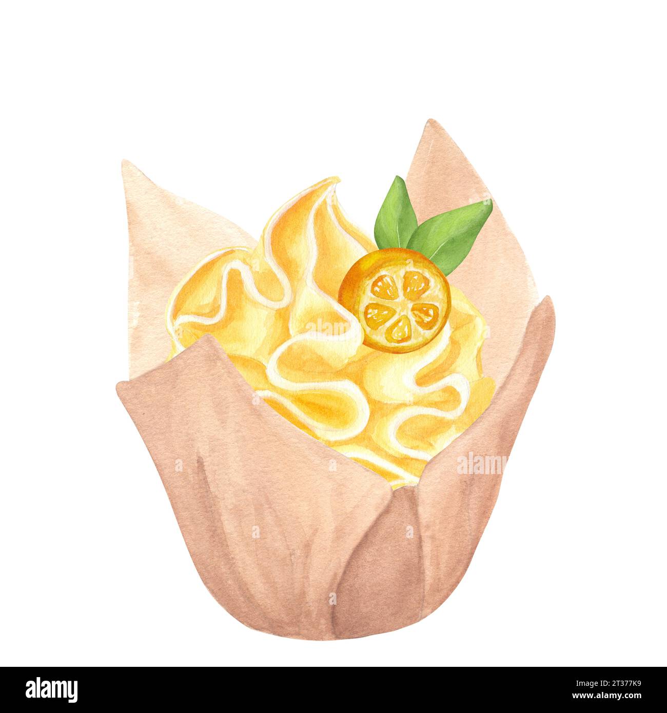 Crème fouettée à l'orange cupcake aquarelle, emballage kraft. Kumquat décoré, mandarine, feuilles. Clipart alimentaire. Illustration dessinée à la main isolée sur blanc Banque D'Images