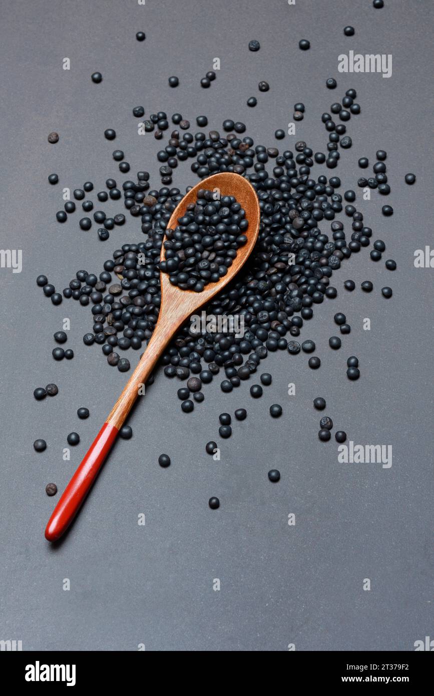 Lentilles béluga noires avec cuillère en bois Banque D'Images