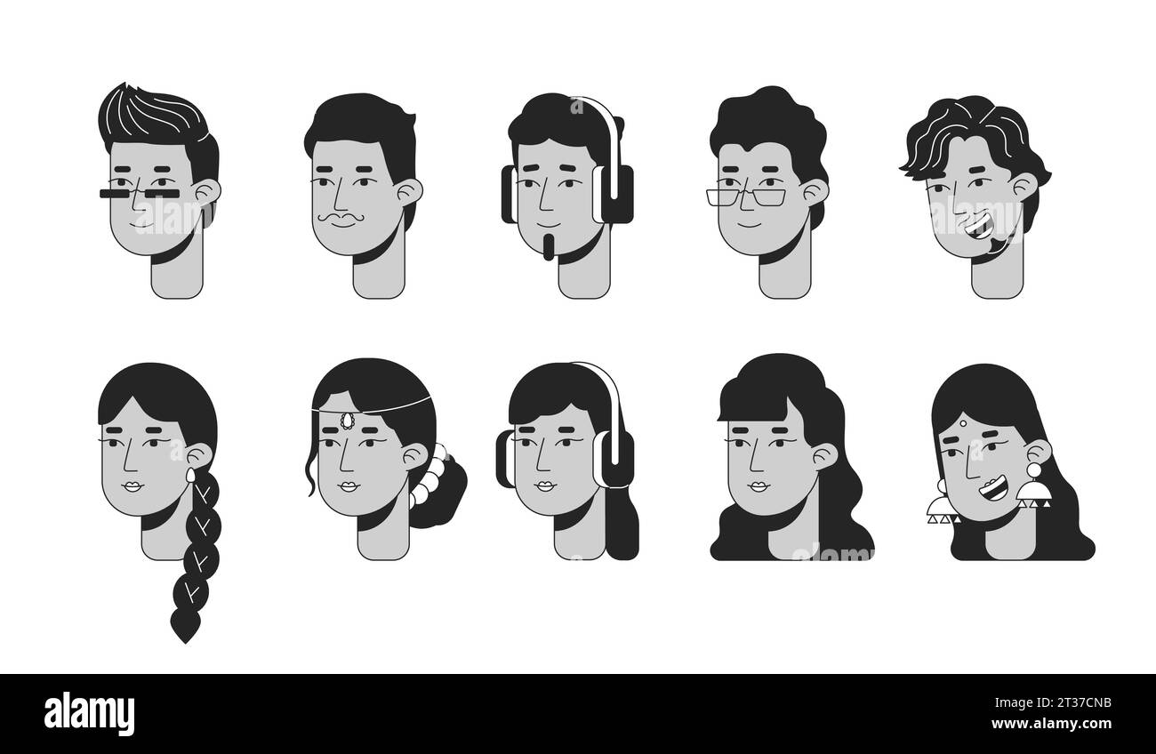 Jeu de visages de personnages de dessins animés en ligne 2D indiens modernes en noir et blanc Illustration de Vecteur