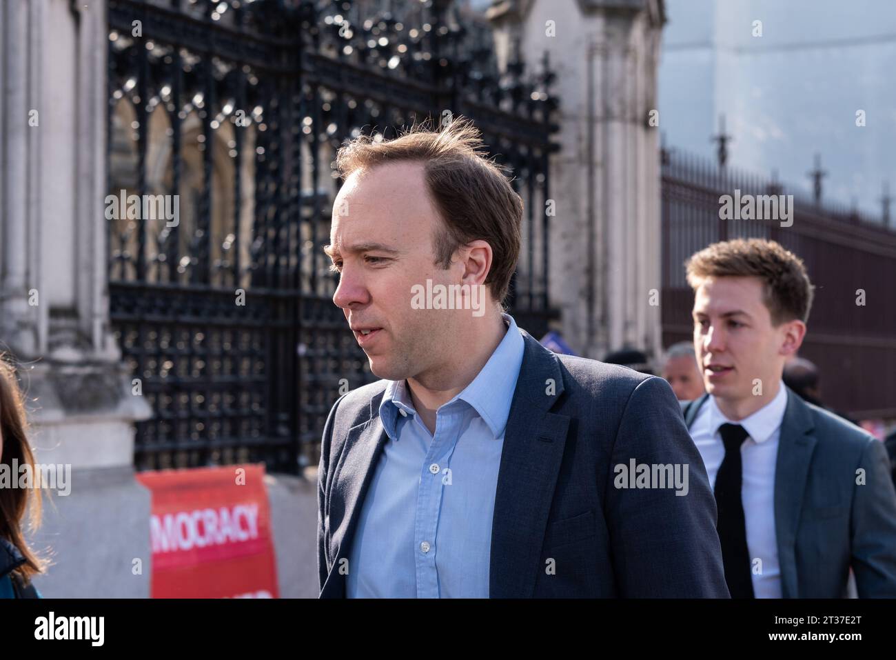 Le député conservateur Matt Hancock arrivant au Palais de Westminster, Londres, Royaume-Uni le 29 mars 2019, la date qui aurait dû voir le Royaume-Uni quitter l'UE Banque D'Images