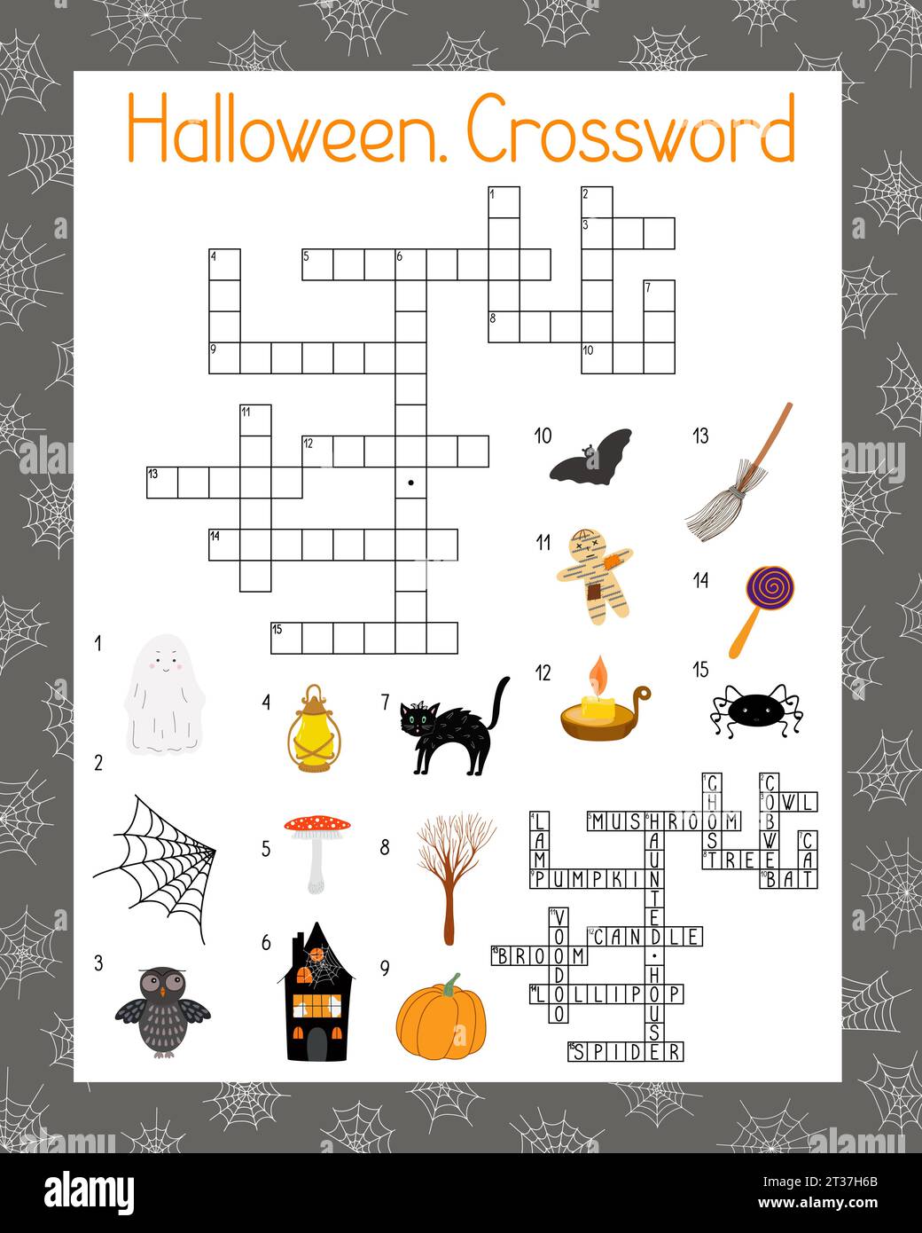 Halloween activités saisonnières de mots croisés, puzzle de recherche de mots, feuille de calcul imprimable d'illustration vectorielle de vacances d'automne pour les enfants, éducatifs ou lei Illustration de Vecteur