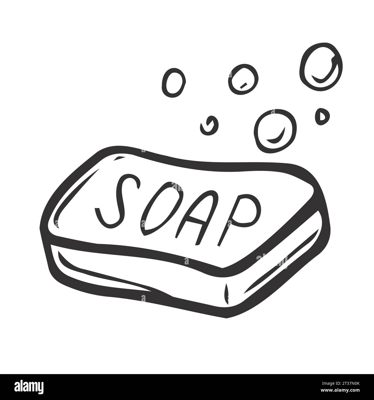 Savon avec mousse et bulles isolées sur fond blanc. Un produit de lavage corporel et d'hygiène personnelle. Illustration vectorielle dessinée à la main, style doodle. Par Illustration de Vecteur
