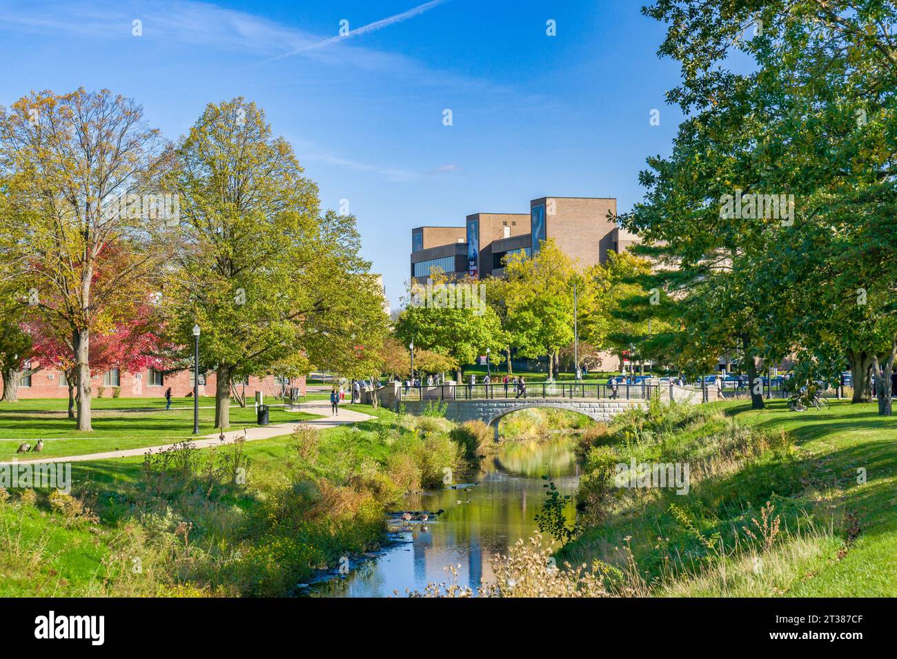 DEKALB, il, USA - 17 OCTOBRE 2023 : personnes non identifiées et passerelle sur le campus de l'Université Northern Illinois. Banque D'Images