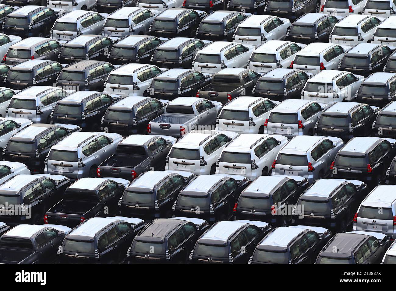 Plus de 600 vus Toyota Land Cruiser Prado et pick-up HiLux dans le quai de stockage à quai à Zeebrugge en attente de distribution européenne, janvier 2023. Banque D'Images