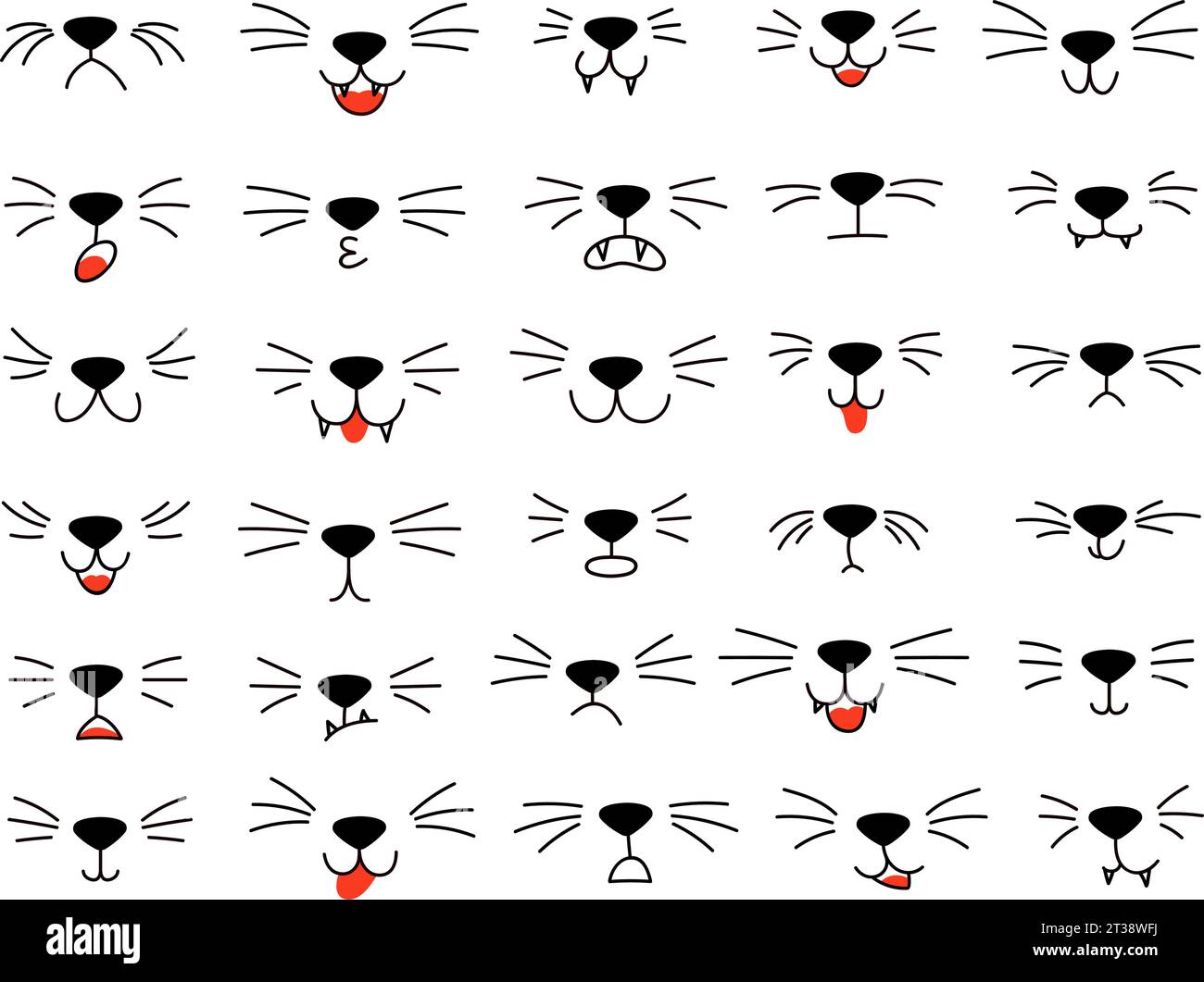 Bouches de chat de dessin animé. Moustaches d'animaux, nez mignon d'animal de compagnie et visage de chaton. Expressions faciales des chats ensemble d'éléments vectoriels Illustration de Vecteur