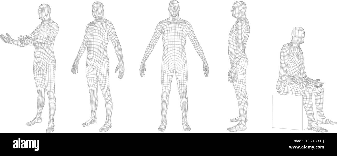 Corps humain filaire. Personnage masculin polygonal de maille 3D, grille d'hologramme factice d'homme et modèle humain cyber de réalité virtuelle. Jeu de vecteurs avec contour modifiable Illustration de Vecteur