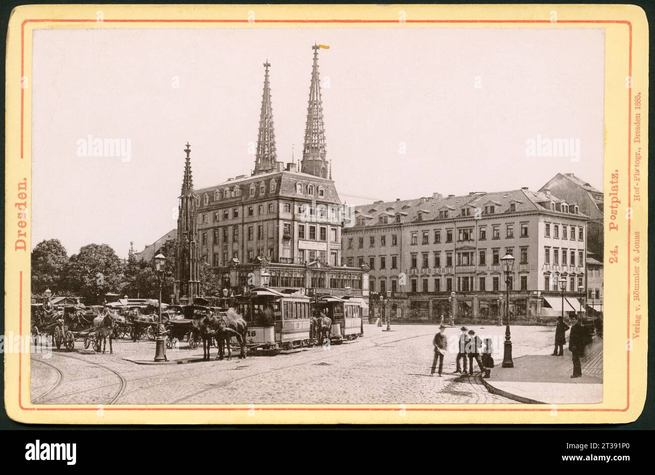 Europa, Deutschland, Sachsen, Dresden, Postplatz mit Pferde - Straßenbahn, Verlag Römmler & Jonas, K. S. Hof - Photographie , Dresde, 1885 / Europe, Allemagne, Saxe, Dresde, Postplatz ( Postplace ), tramway à cheval et taxis hackney, publié par Römmler et Jonas , Dresde, 1885. Banque D'Images