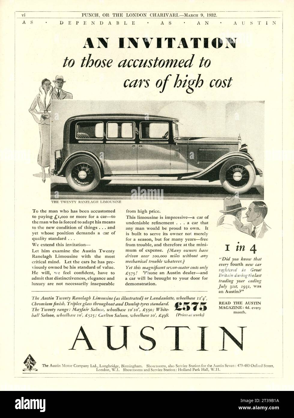 AUSTIN TWENTY RANELAGH LIMOUSINE Motor car 1932 British Magazine Advertisement. Banque D'Images