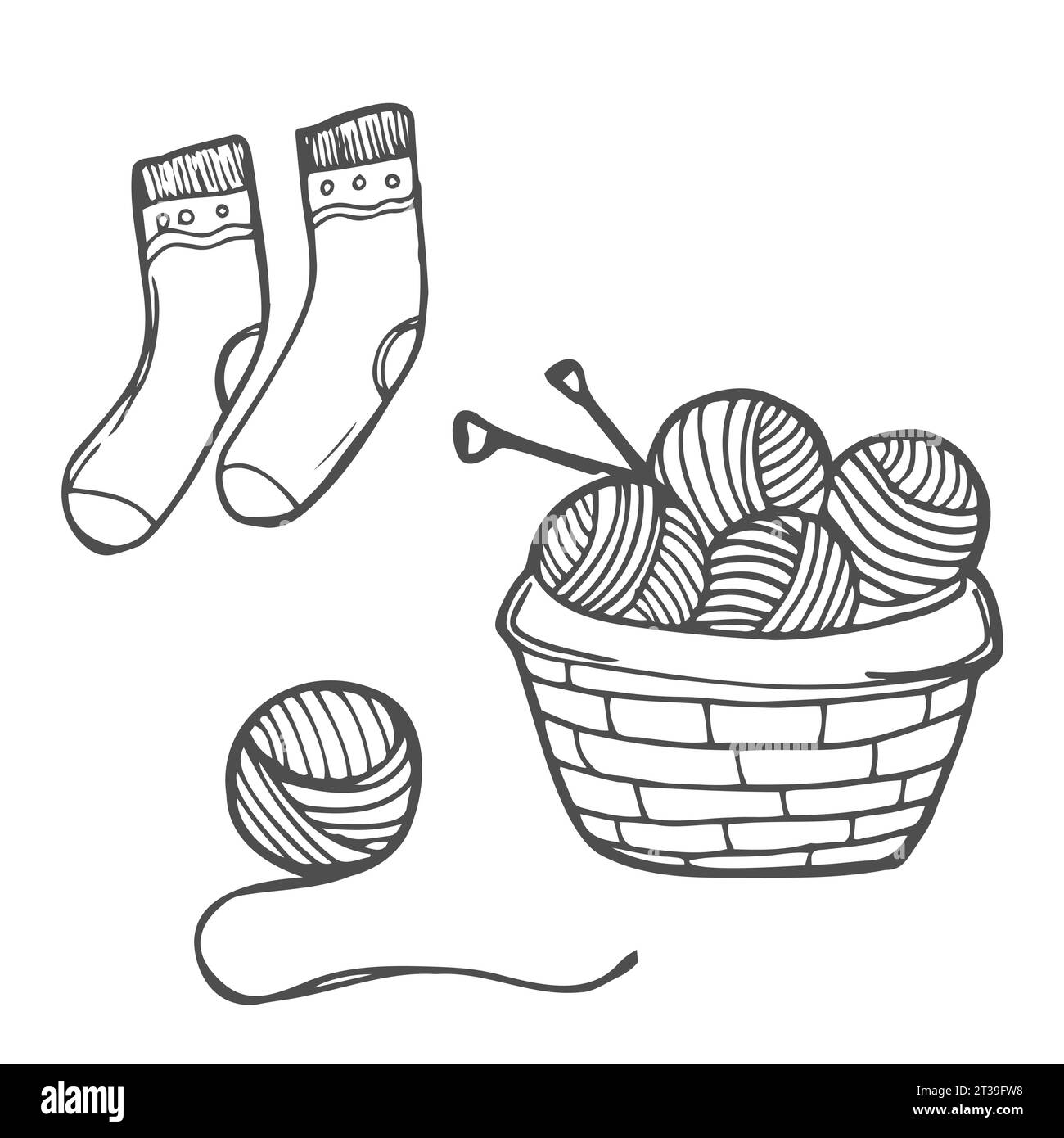 Panier avec boules de laine, fils, aiguilles à tricoter. Concept de tricot fait main. Esquisser une illustration vectorielle vintage Illustration de Vecteur