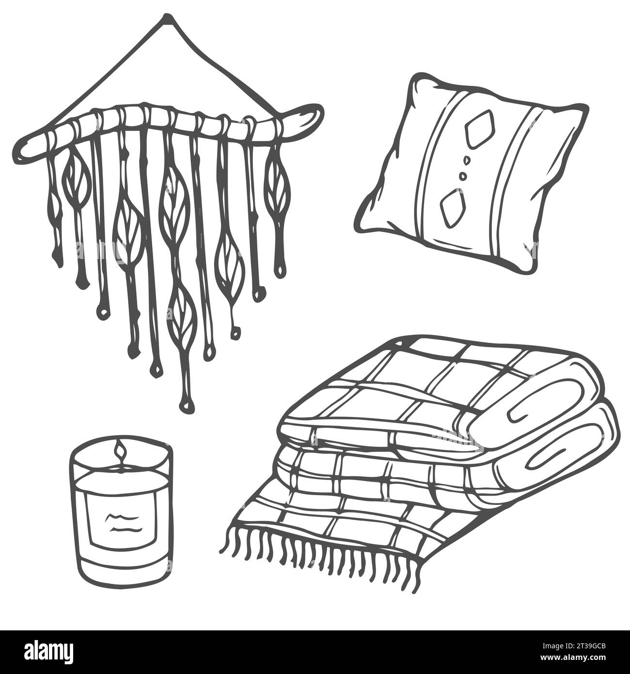 Ensemble dessiné à la main de doodles hygge maison. Confort et style de vie confortable, maison confortable. Coussin, plante d'intérieur, masque pour dormir, chaussettes dans le style croquis. Vect Illustration de Vecteur