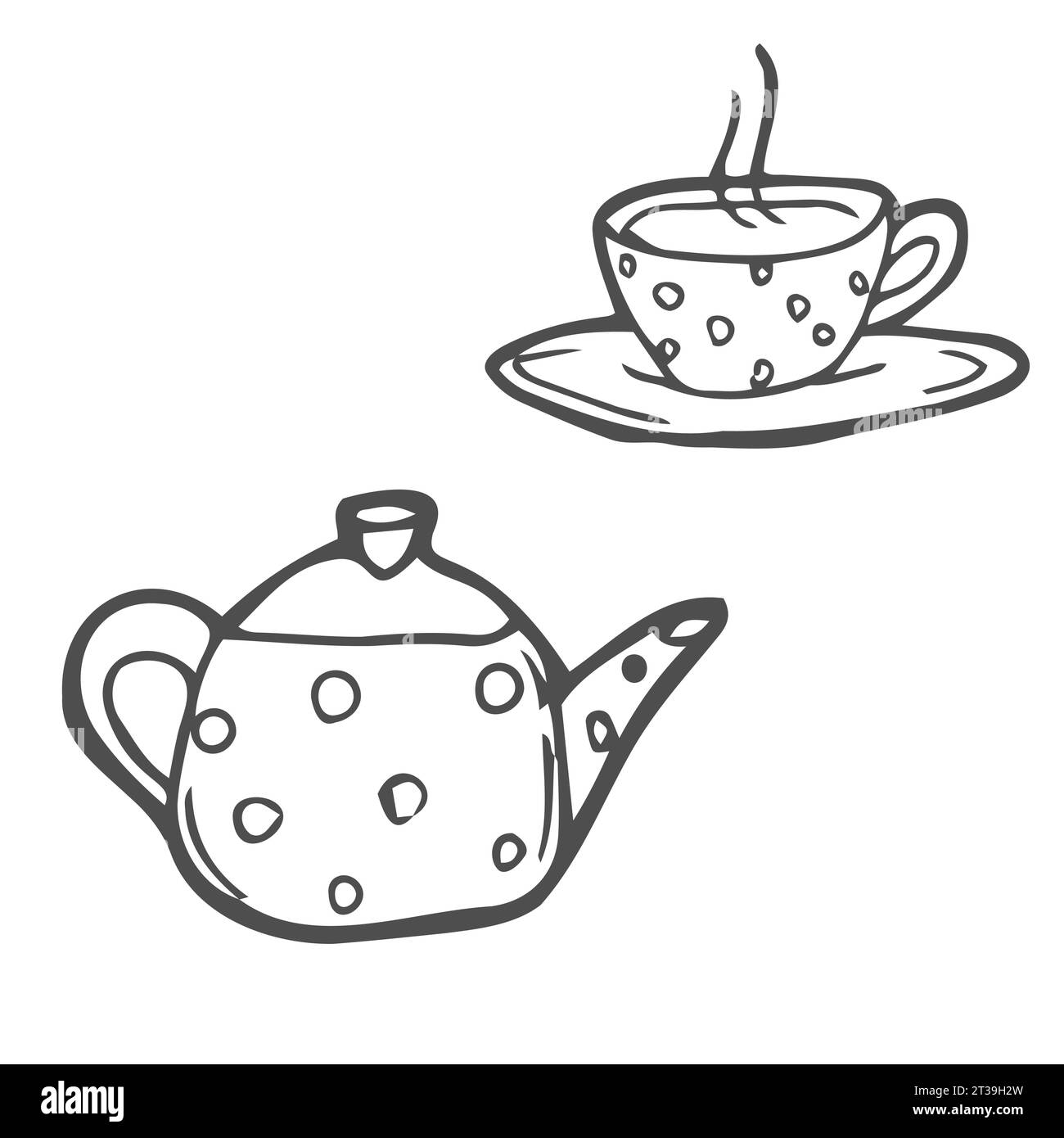 Set de doodles temps de thé. Collection linéaire noire de théière en céramique, tasse de thé, biscuits et cubes de sucre. Illustration vectorielle Illustration de Vecteur