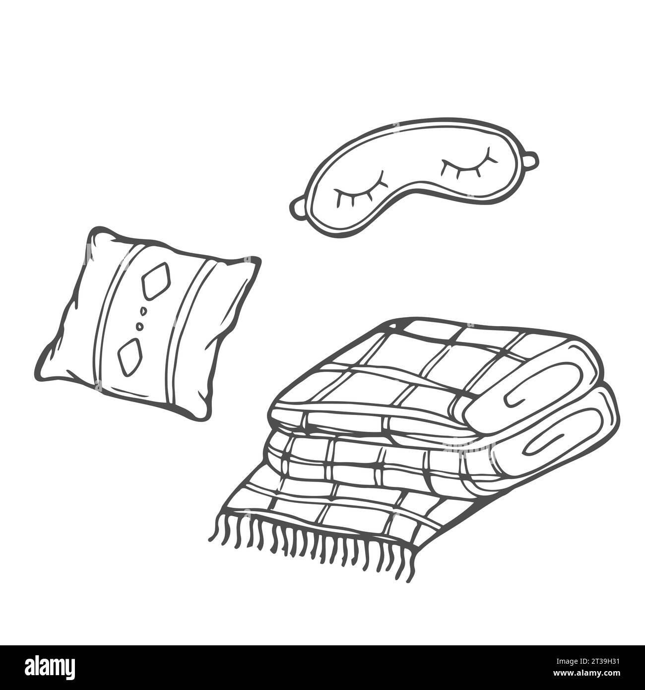 Illustration de mode dessinée à la main. Travaux artistiques créatifs à l'encre. Dessin vectoriel confortable réel. Set d'hiver : pyjama, soutien-gorge, oreiller, plaid, masque de sommeil, crème Illustration de Vecteur