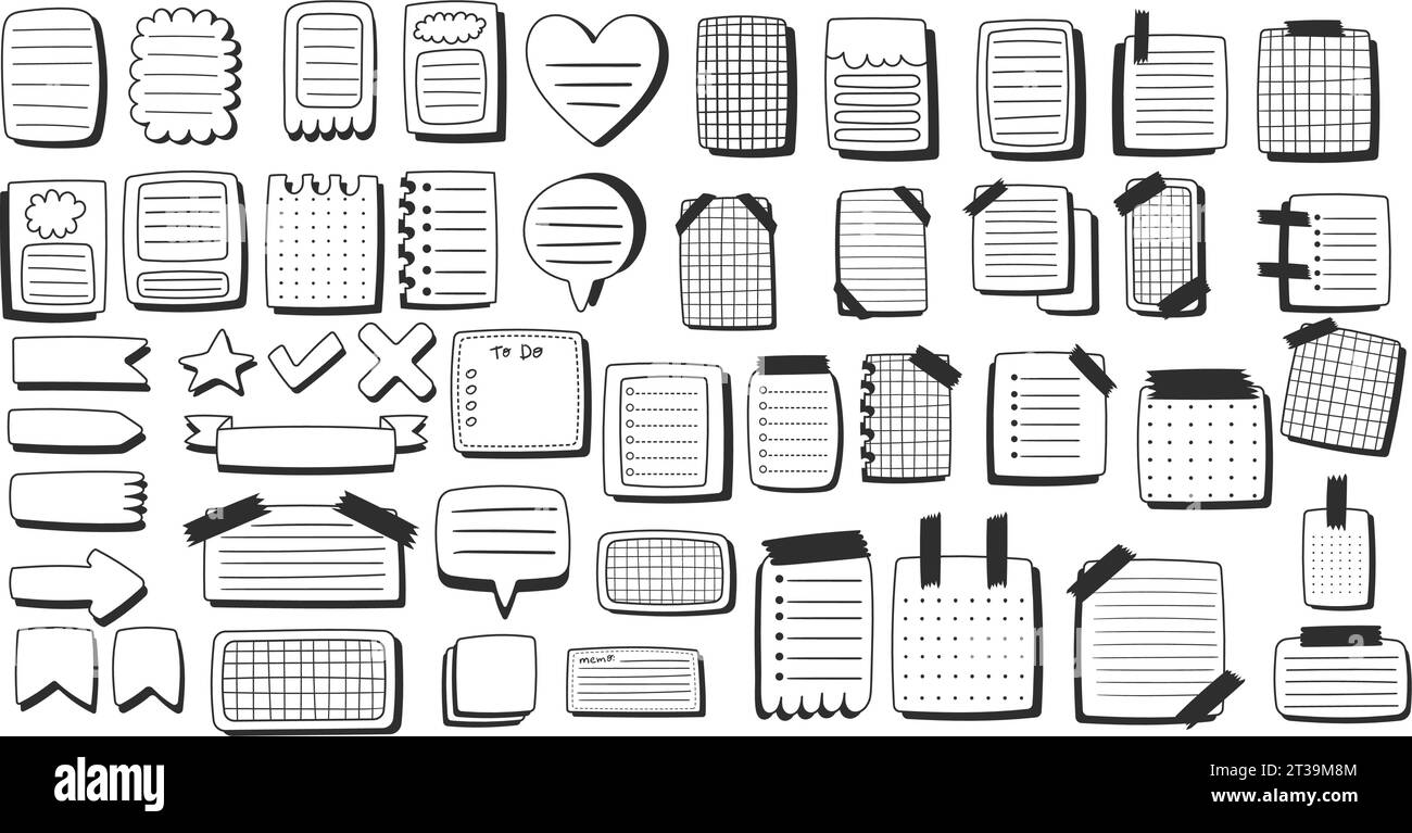 Collection d'autocollants de feuilles de papier dans le style de bande dessinée, doodle noir et blanc mémo autocollants. Journalisation créative et illustration de prise de notes. Main tiré ve Illustration de Vecteur