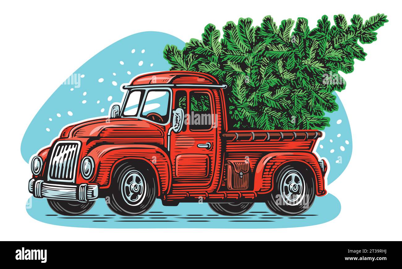 Camion rétro rouge de Noël avec arbre de pin vert. Illustration vectorielle de bonnes vacances Illustration de Vecteur
