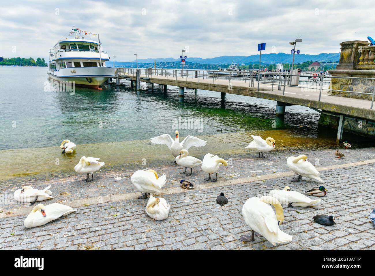 Zurich, Suisse- 25 mai 2023 : un bateau de croisière accosté attend les touristes au port du lac de Zurich en Suisse. Banque D'Images