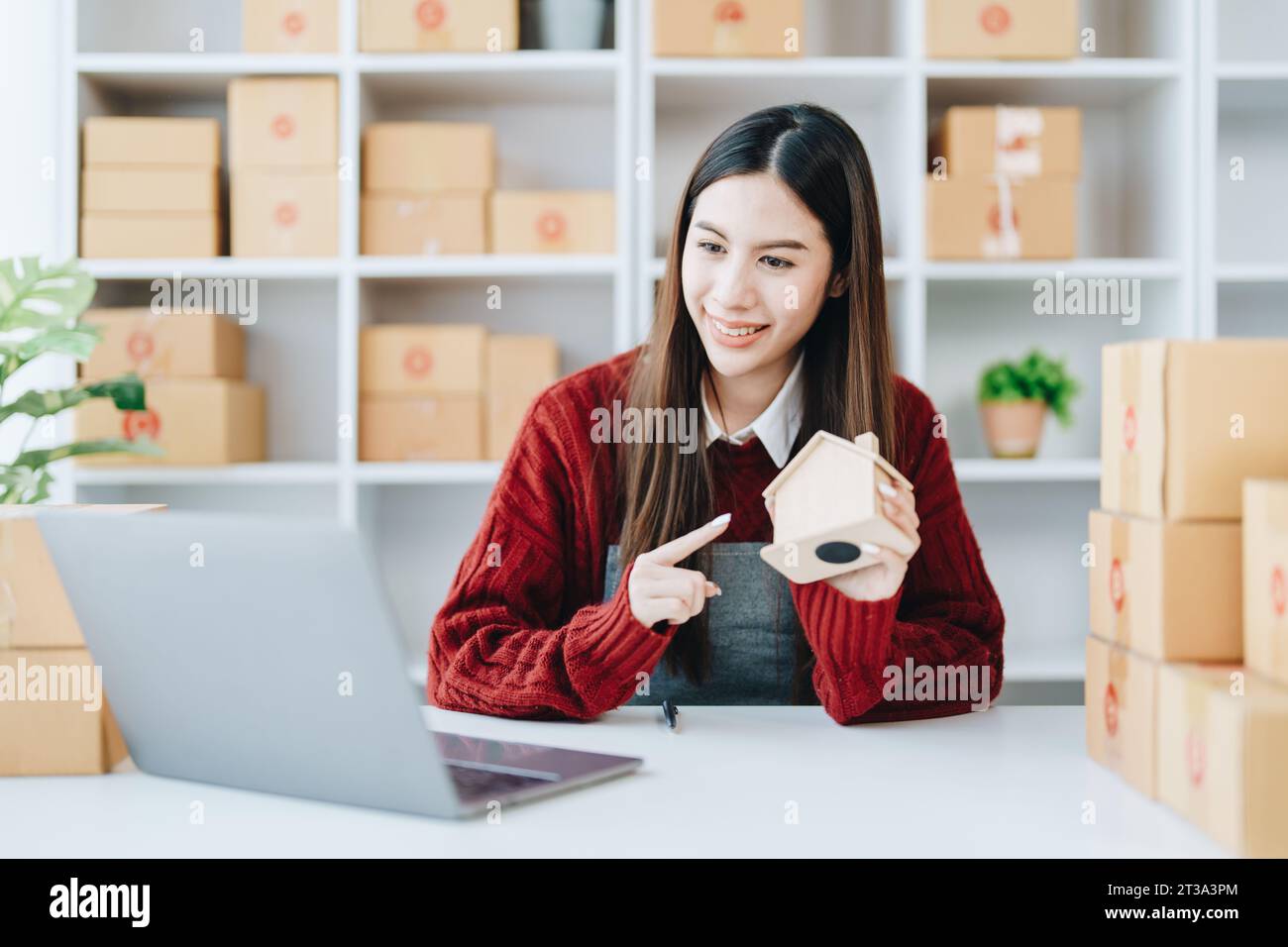Belle femme asiatique, blogueur, blog, présentation de la qualité du produit, vidéo en direct, médias sociaux, l'enregistrer, vendre en ligne via des appareils photo numériques, pme ou petite Banque D'Images