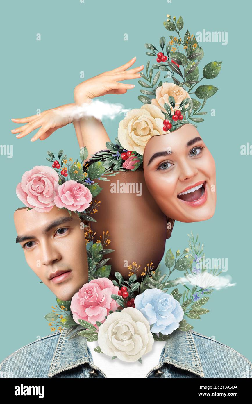 Art abstrait de collage de visages de personnes avec décoration d'élément de fleur Banque D'Images