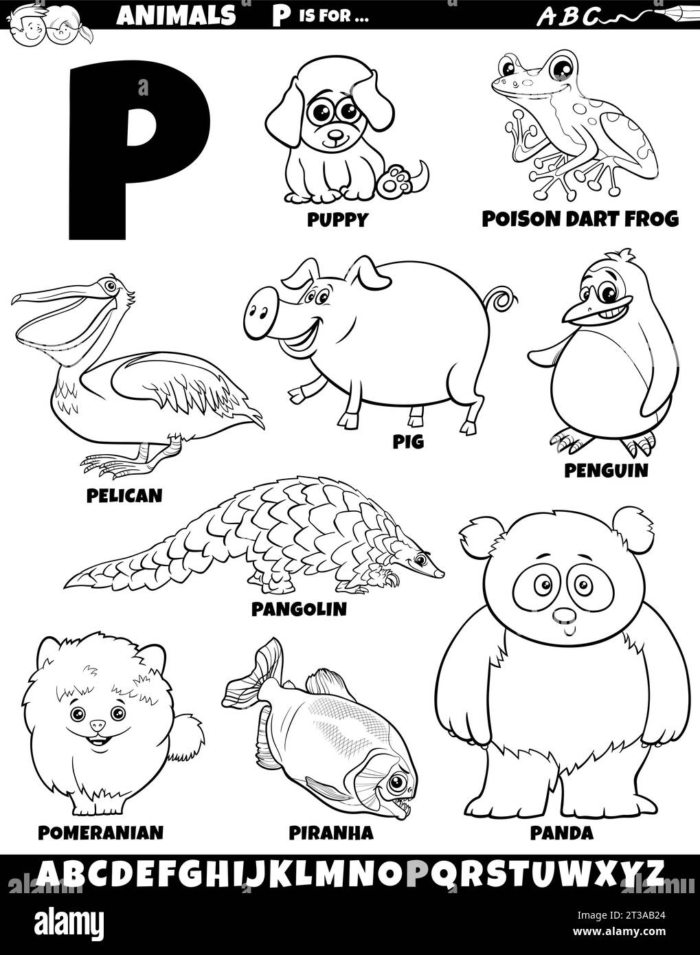 Illustration de dessin animé de caractères animaux mis pour la lettre P coloriage page Illustration de Vecteur