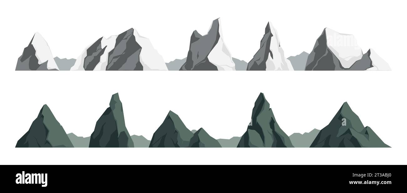 Éléments de paysage rocheux. Sommets de montagnes de dessins animés, rochers et falaises de pierre enneigés, paysage alpin verdoyant avec des sommets enneigés et des rochers escarpés. Ensemble isolé de vecteur d'illustration de pic de colline de montagne Illustration de Vecteur
