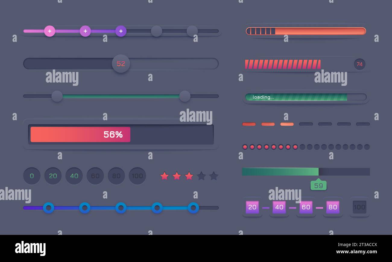 Jeu de barres de progression. Indicateurs de chargement ronds et carrés, cadres indicateurs de nombre de pas, éléments d'écran de chargement. Collection d'éléments d'interface utilisateur moderne Vector de l'illustration de chargement de la barre de progression Illustration de Vecteur
