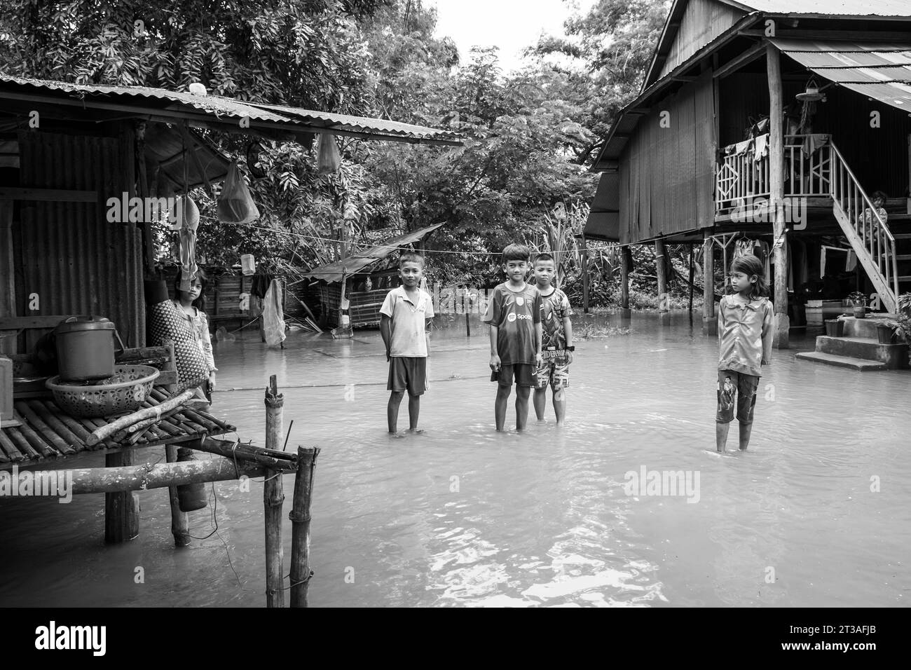 Cambodge, Kampong Phluk, inondations causées par de fortes pluies Banque D'Images