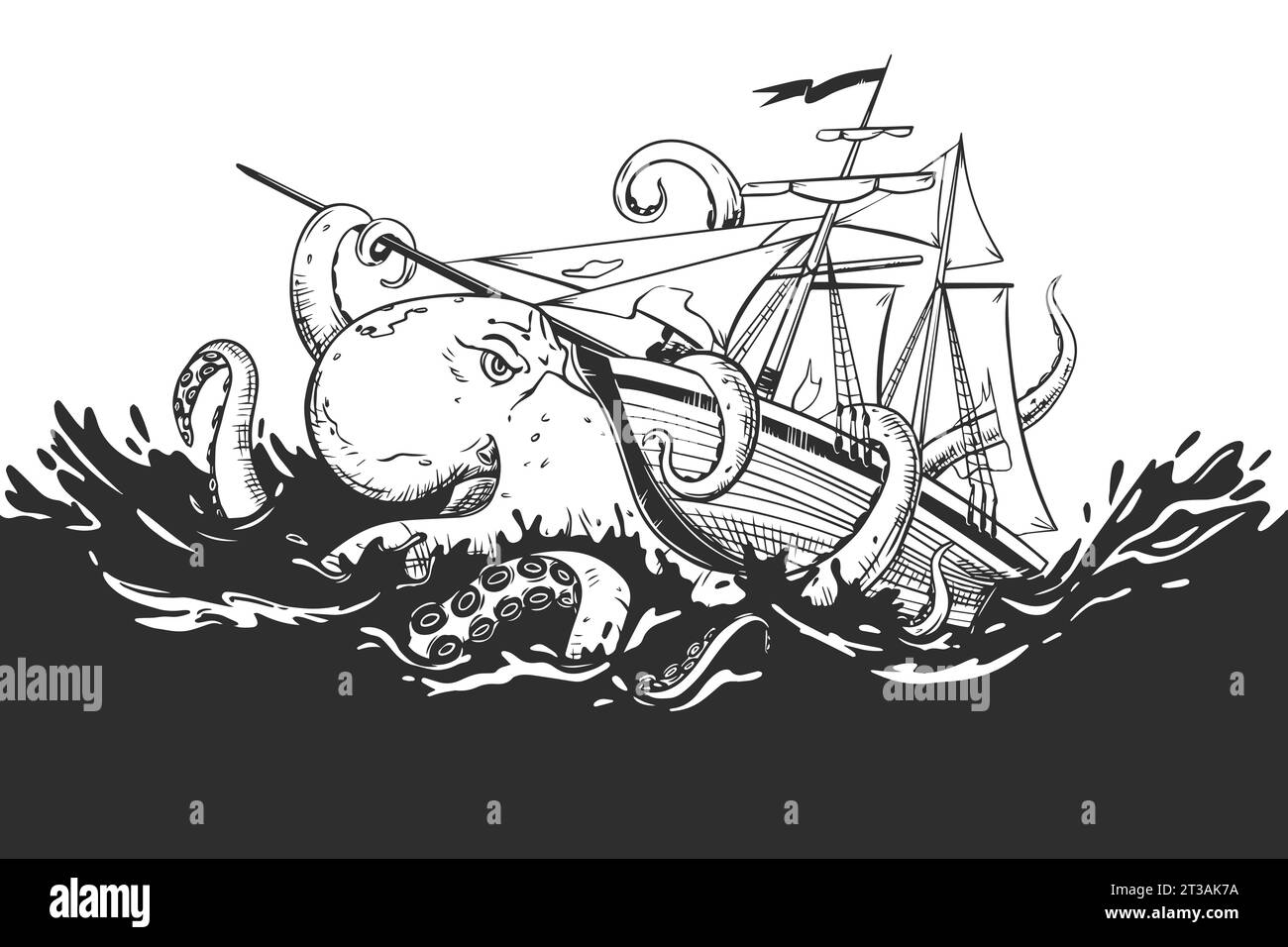 Un kraken enragé attaque un voilier commercial. Monstre mythique des profondeurs sombres. La pieuvre enroule ses tentacules autour du voilier et tire Illustration de Vecteur