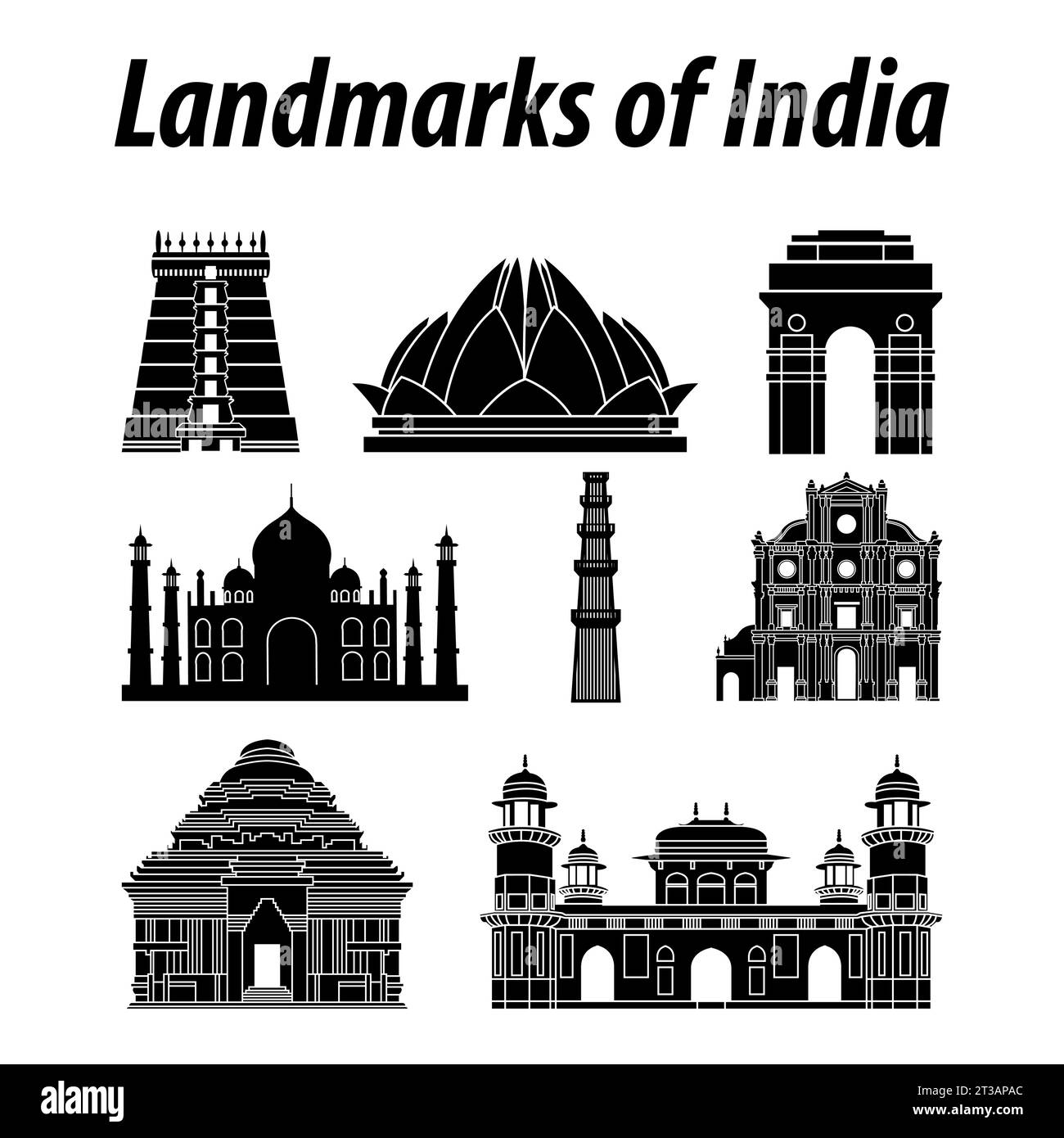 Paquet de monuments célèbres de l'Inde par style de silhouette, illustration vectorielle Illustration de Vecteur