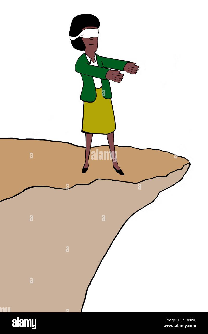 Dessin animé en couleur montrant une femme d'affaires professionnelle noire les yeux bandés avec les bras tendus, ne réalisant pas qu'elle est au bord d'une falaise. Banque D'Images