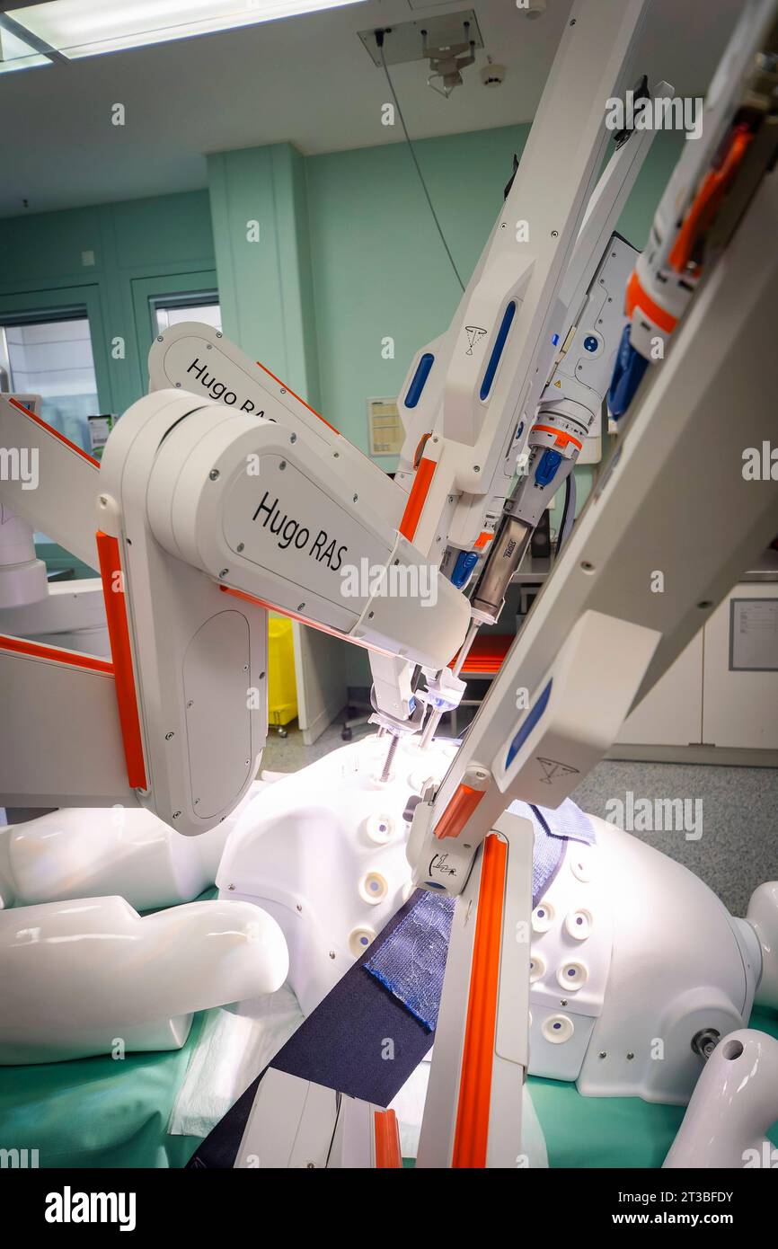 OP-Roboter HUGO Pressevorstellung. OP-Roboter HUGO kommt erstmals in Deutschland in der urologie zum Einsatz am Universitätsklinikum Dresden fand die deutschlandweit erste Operation mit dem OP-Roboter HUGO in der urologie statt. Deutschlandweit gibt es nur vier weitere Standorte mit dieser Ausstattung. Der Roboter ist künftig nicht nur Teil einer modernen Patientenversorgung für minimalinvasive Eingriffe, sondern kommt auch in der Forschung und Ausbildung zum Einsatz. Dresde Sachsen Deutschland *** OP robot HUGO Présentation OP robot HUGO est utilisé pour la première fois en Allemagne en urologie Banque D'Images