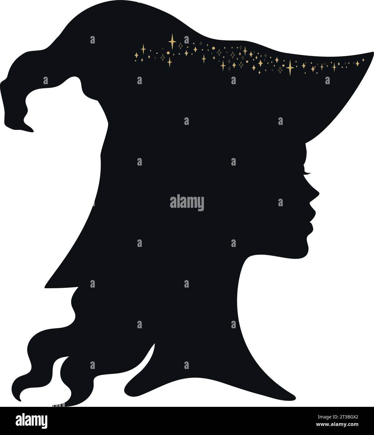 Jeune sorcière en silhouette de chapeau avec des étoiles. Illustration vectorielle isolée sur fond blanc Illustration de Vecteur