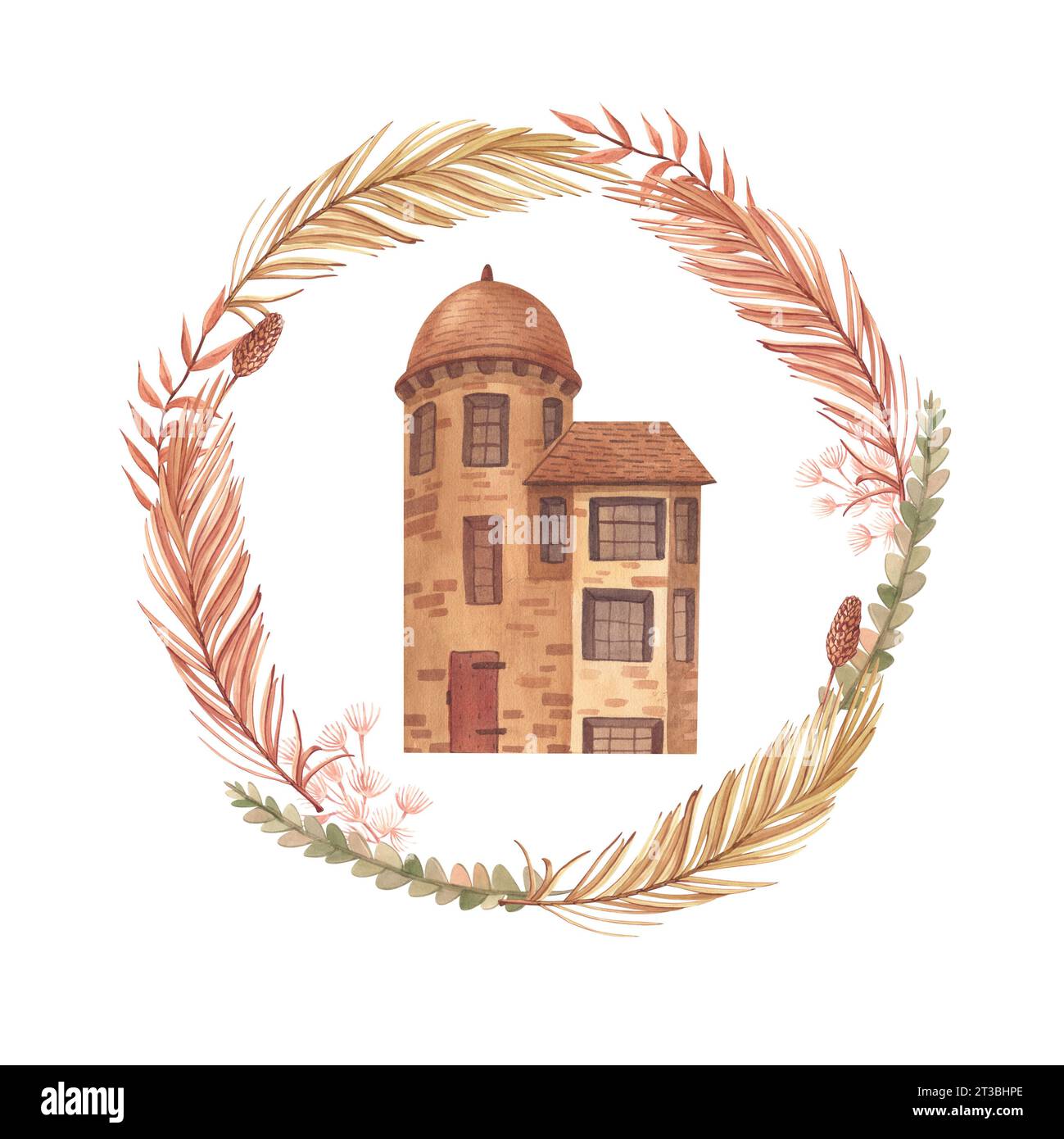 Maison maison cottage cosy immeuble peint par aquarelle isolé sur un dessin animé blanc de fond. Logo d'illustration de feuilles de palmier tropical séchées Banque D'Images