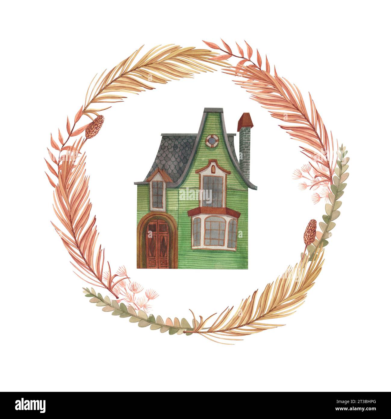 Maison maison cottage cosy immeuble peint par aquarelle isolé sur un dessin animé blanc de fond. Logo d'illustration de feuilles de palmier tropical séchées Banque D'Images