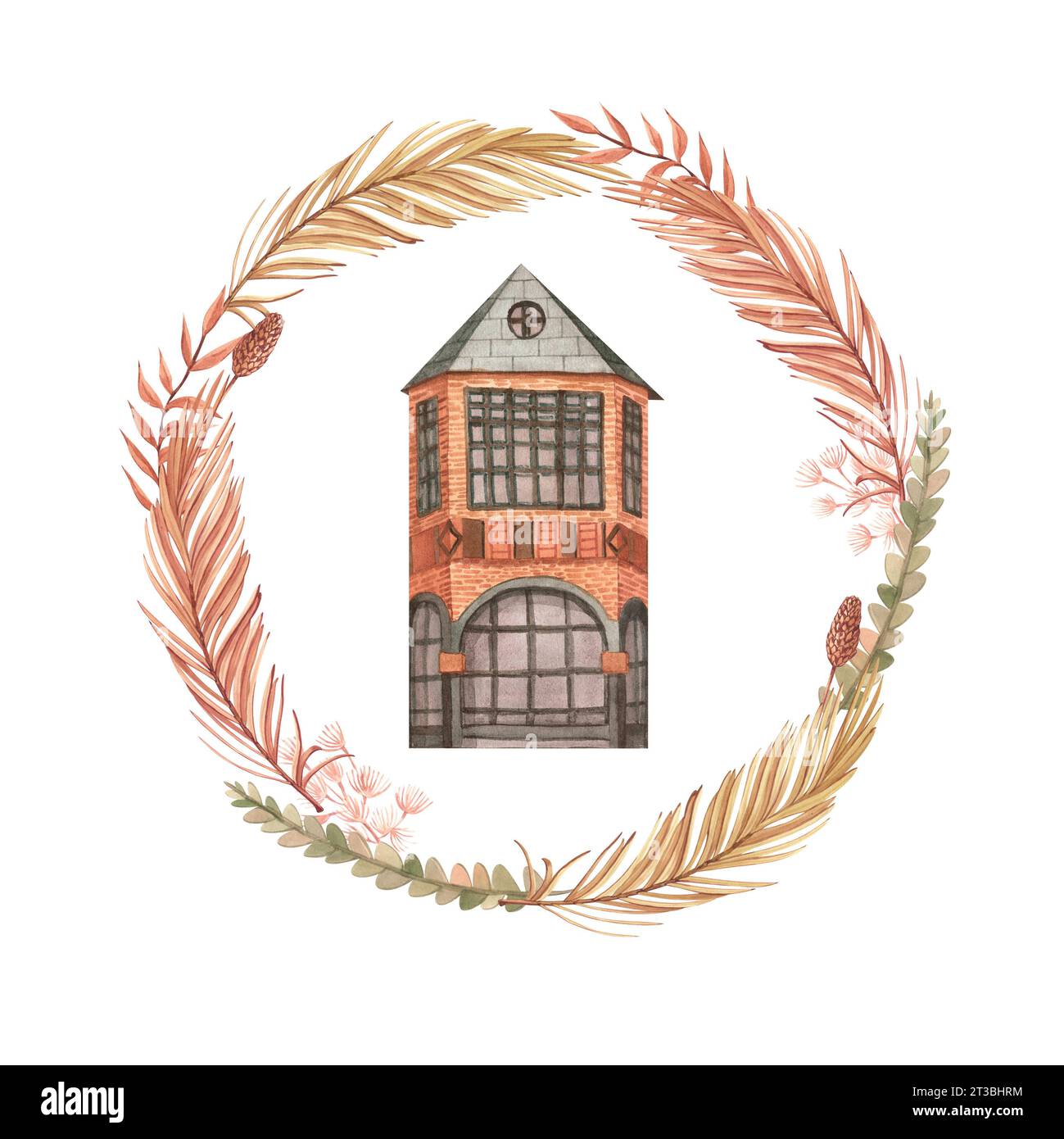 Maison maison cottage cosy immeuble peint par aquarelle isolé sur un dessin animé blanc de fond. Logo d'illustration de feuilles de palmier tropical séchées Banque D'Images