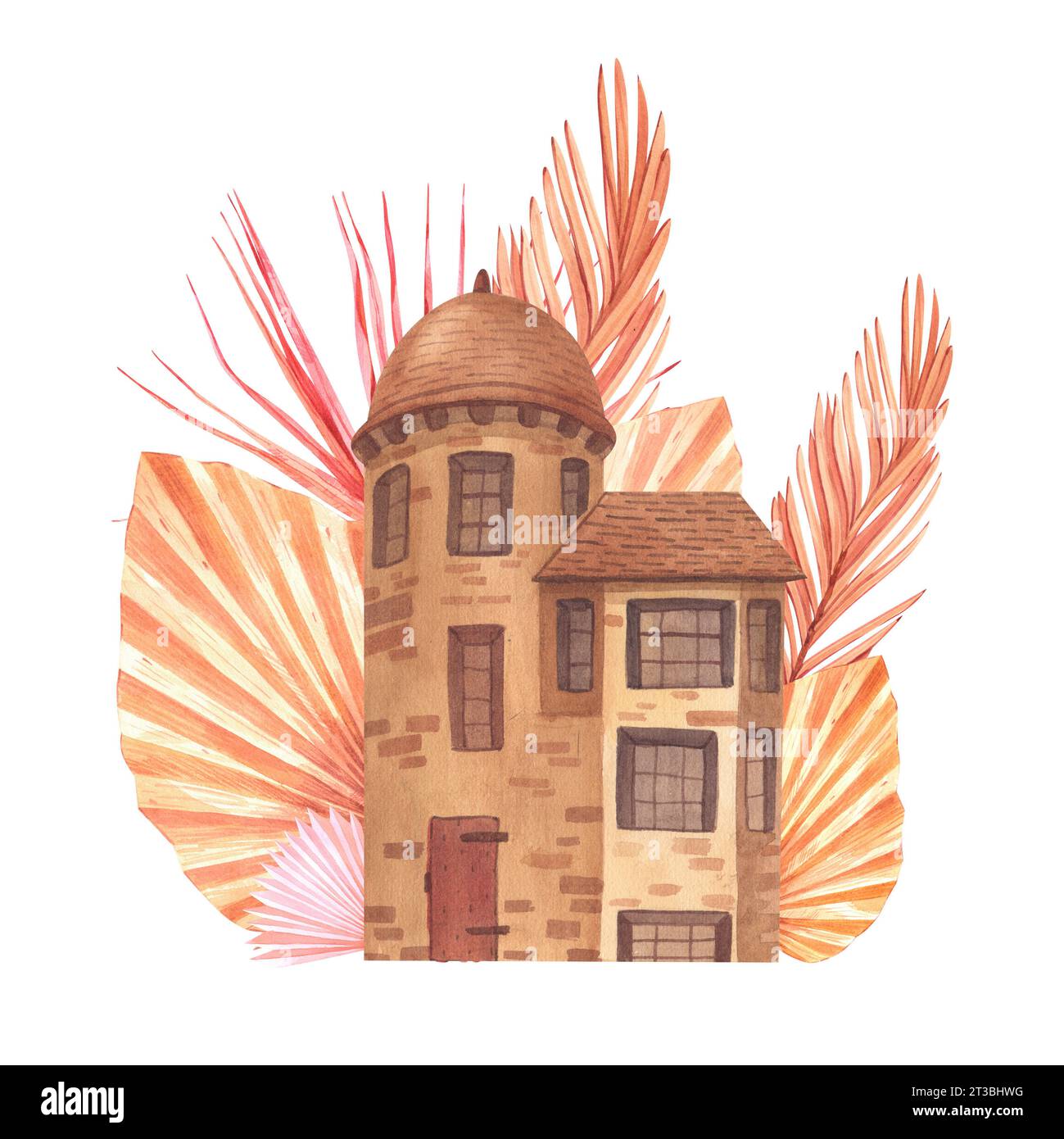 Maison maison cottage cosy immeuble peint par aquarelle isolé sur un dessin animé blanc de fond. Logo d'illustration de feuilles de palmier tropical séchées Banque D'Images